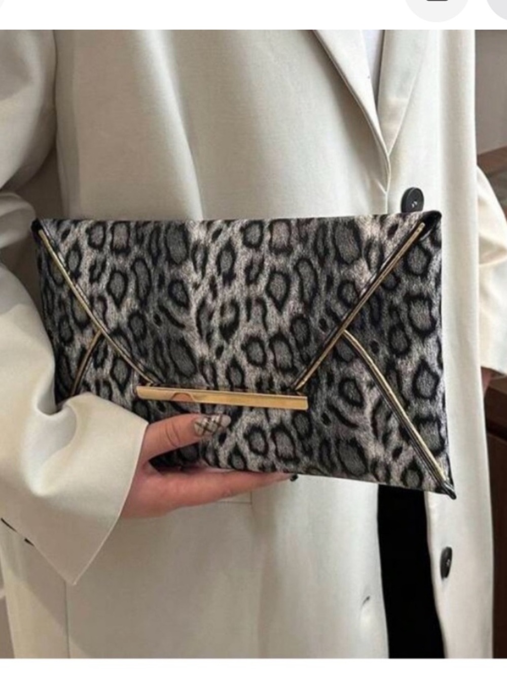 Leopard Print Envelope Clutch Handbag - Gray - Picture 3 of 6